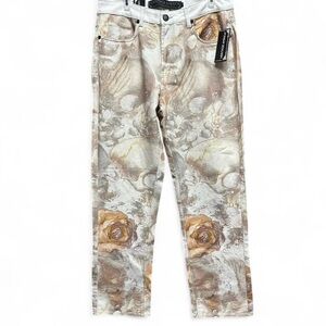 Men's Artistic Print Jeans Skull Floral and Wings Whimsigoth straight jeans nwt